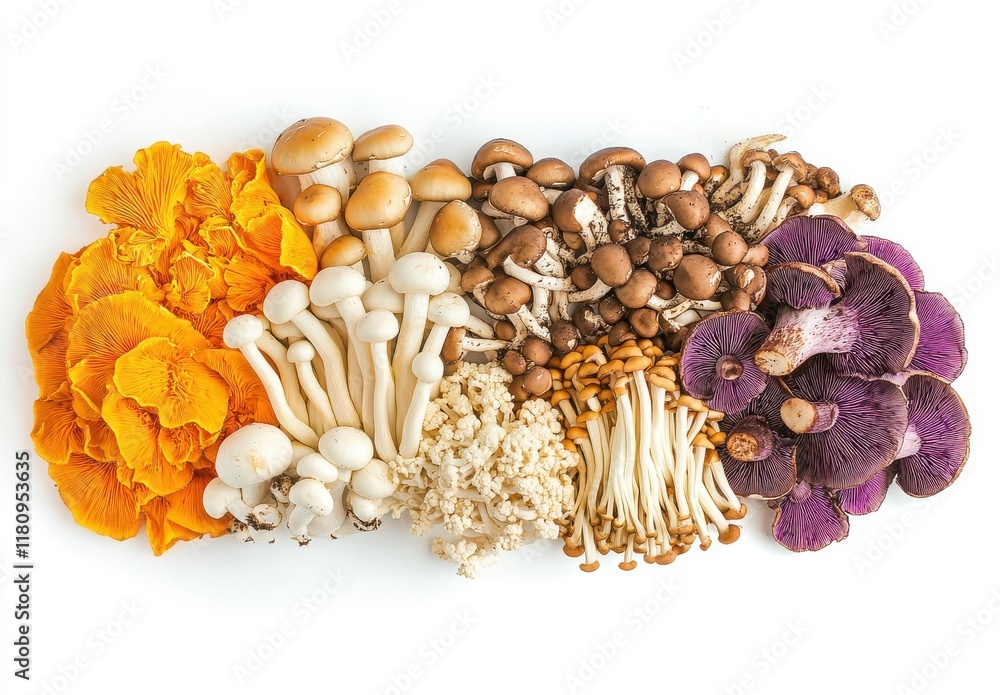 A Diverse Collection of Fresh Mushrooms Displayed on a White Background for Culinary and Nutritional Purposes, Showcasing Varieties and Textures A Diverse Collection of Fresh Mushrooms Displayed on a White Background for Culinary and Nutritional Purposes, Showcasing Varieties and Textures