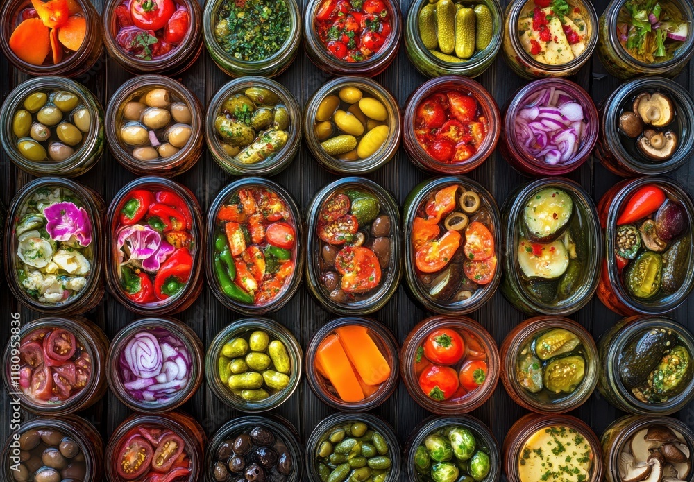 A Colorful Variety of Fresh Vegetables, Pickles, and Olives in Glass Jars Perfect for Healthy Eating and Culinary Inspiration Displayed in a Vibrant Arrangement A Colorful Variety of Fresh Vegetables, Pickles, and Olives in Glass Jars Perfect for Healthy Eating and Culinary Inspiration Displayed in a Vibrant Arrangement