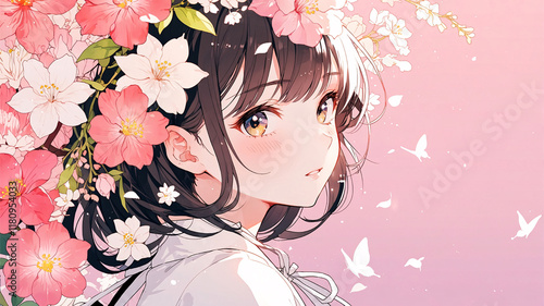 A girl with black hair adorned with pink and white flowers, set against a soft pink background