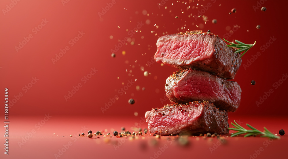 Fototapeta premium Steak. Meat Long, pieces of meat, on a red background, created with Generative AI technology.
