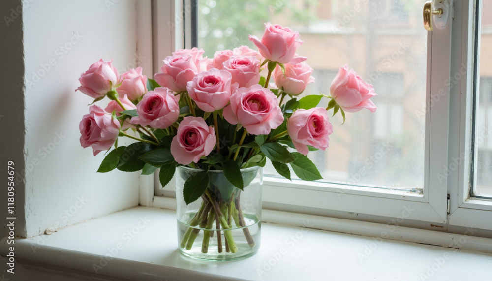 Obraz premium Pink roses in a glass vase on the windowsill. AI Generation 