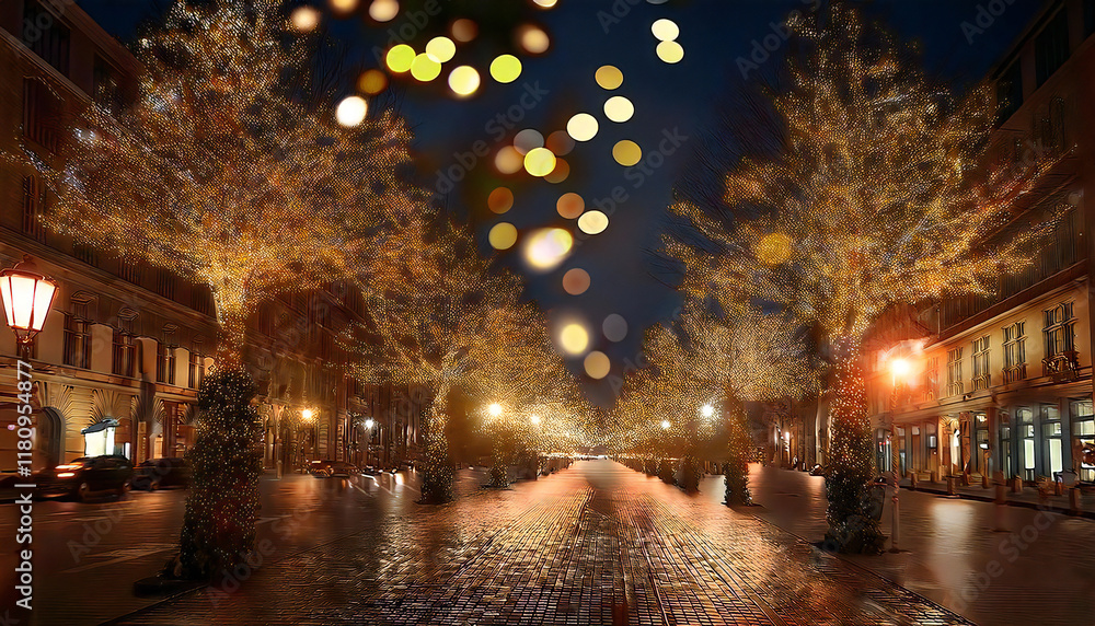 ボケ感のある街路樹。クリスマスイルミネーションの背景。Street trees with a blurred effect. Christmas illumination background. ボケ感のある街路樹。クリスマスイルミネーションの背景。Street trees with a blurred effect. Christmas illumination background.