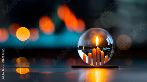 Forecasting, investor prediction, and a crystal globe stock market chart with a candlestick photo