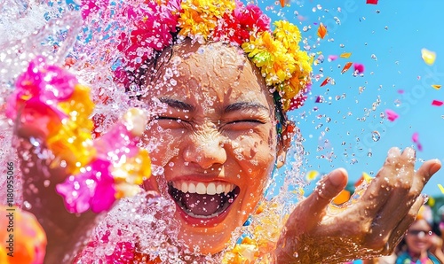 Vibrant Thai Water Festival Celebrations, showcasing joyful participants, colorful decorations, traditional attire, and lively water splashing moments. photo