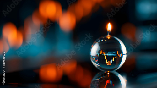 Forecasting, investor prediction, and a crystal globe stock market chart with a candlestick photo