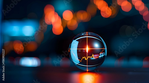 Forecasting, investor prediction, and a crystal globe stock market chart with a candlestick photo