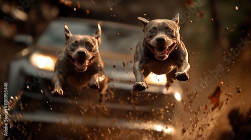 Two Happy Pit Bulls Leaping Through Mud and Car photo