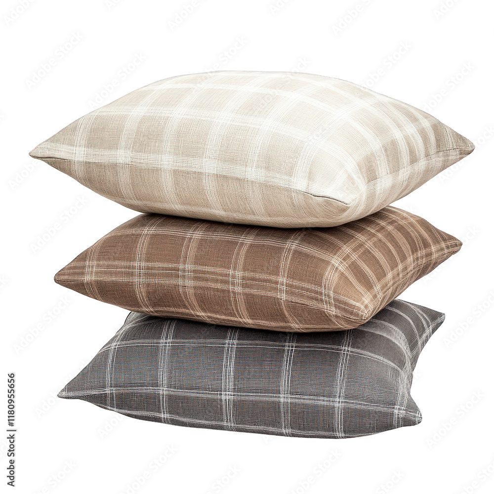 stack of three decorative pillows in varying shades of beige. brown. and gray. each with a checkered pattern the pillows are designed for home decor. providing comfort and style to living spaces