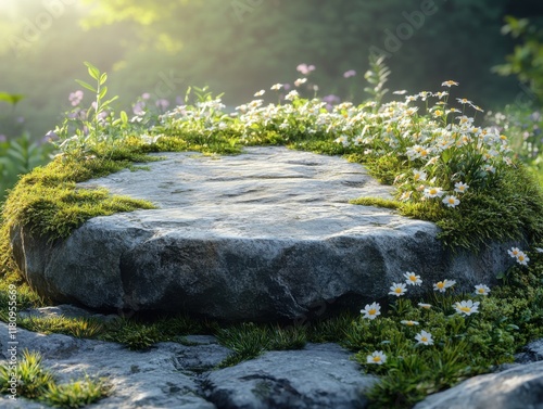 Round stone platform in the forest surrounded by moss and wild flowers, outdoor platform for product display, green theme