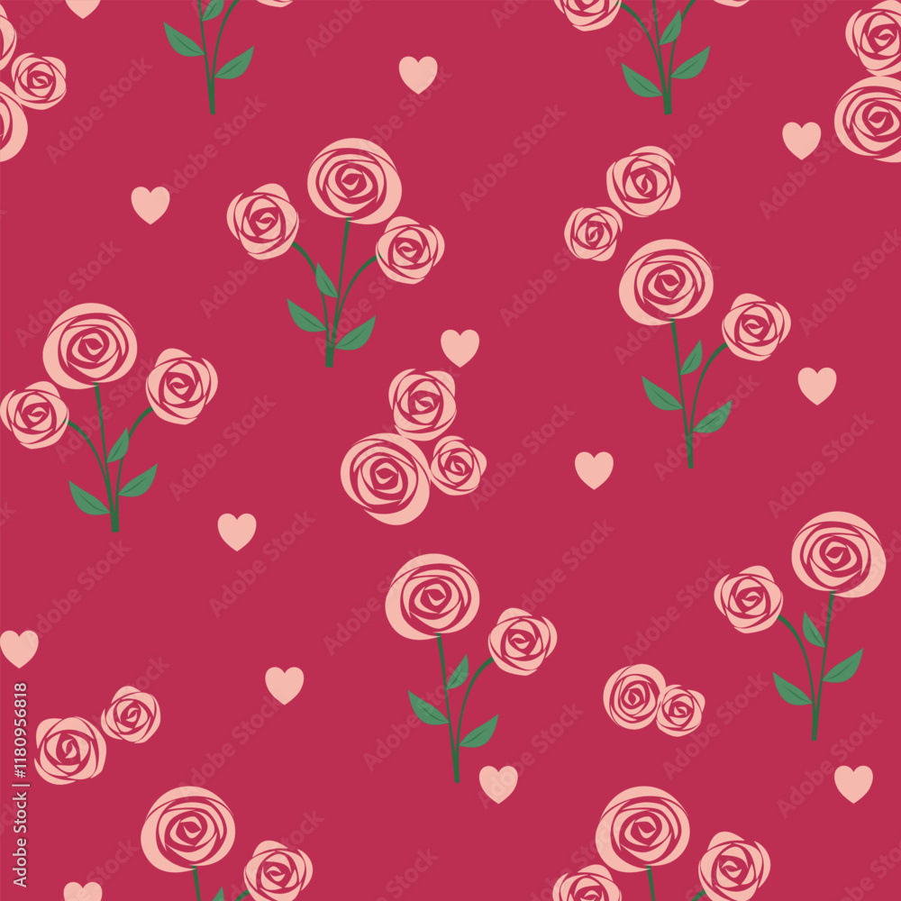 Obraz premium seamless pattern with pink roses and hearts geometric designed