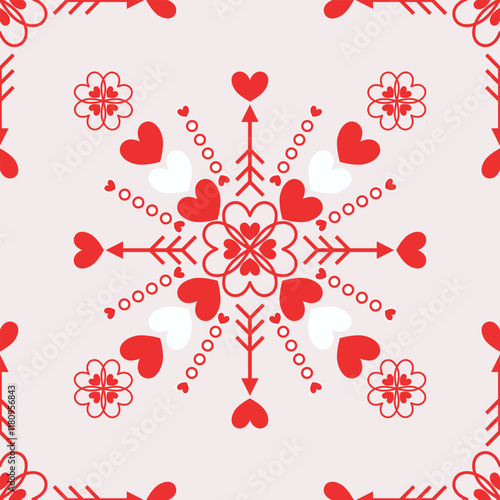 Seamless love pattern with the geometric designed of hearts, florals, and archery