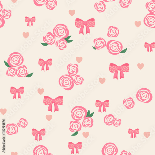 Seamless pattern with cute roses and bows