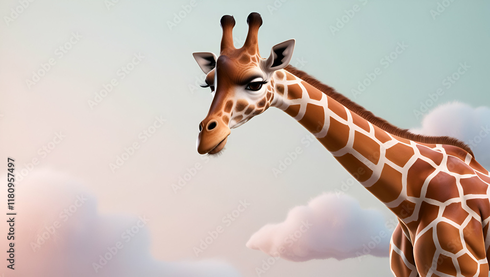 Obraz premium A stunning 3D giraffe with a long, graceful neck stands tall against a soft pastel gradient, showcasing the elegance and beauty of zoo animals, with lifelike textures and intricate details.