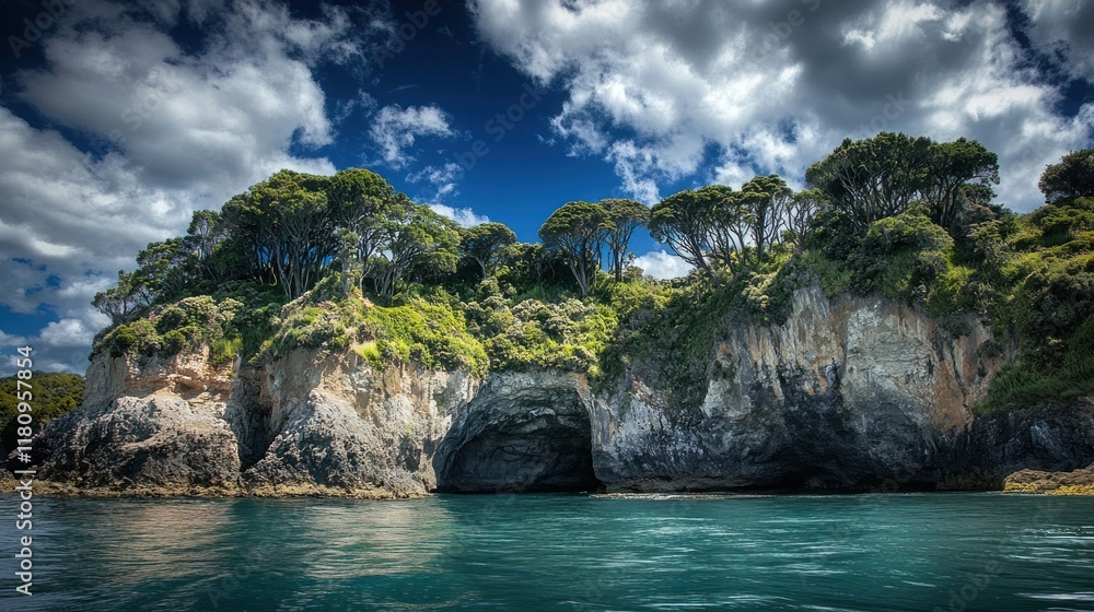 Obraz premium Coastal cave, lush foliage, dramatic sky, ocean, tourism