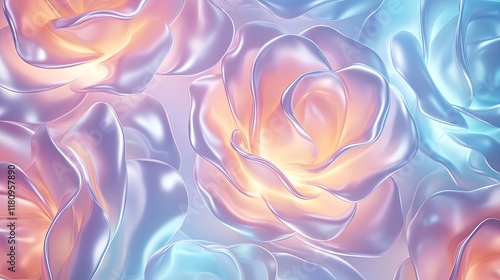 Ethereal Pastel Floral Background with Glossy Roses in Soft Shades of Blue and Peach for Elegant Design Projects