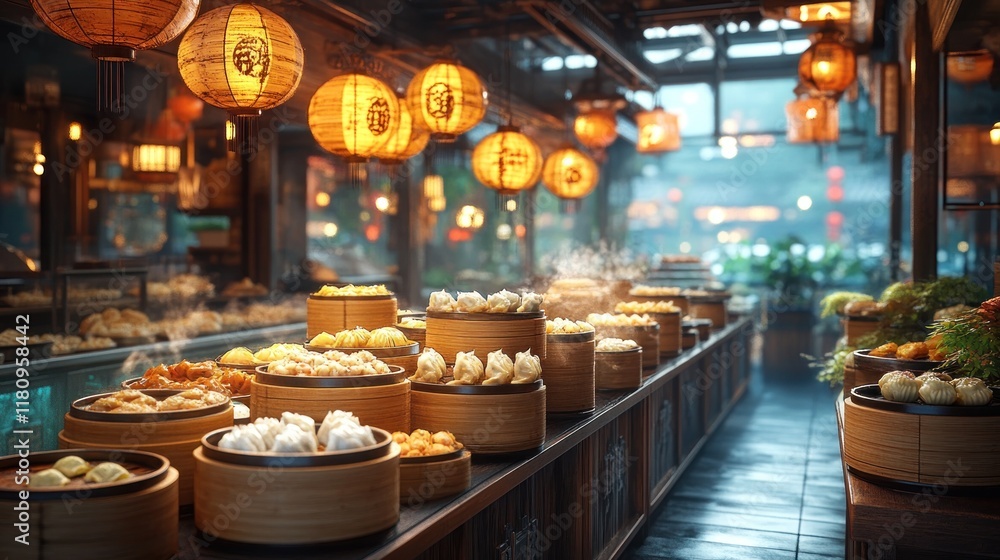 Fototapeta premium Steaming dumplings, Asian market, lanterns, rain, food stall