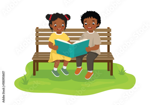 Cute little African kids reading books together sitting on bench in the park
