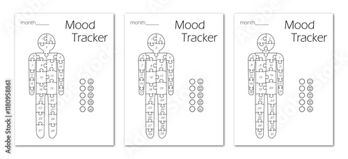 Printable mood tracker for month. Tracker with human shaped puzzles for tracking your daily mood for 28, 30, 31 days. Digital planner. 