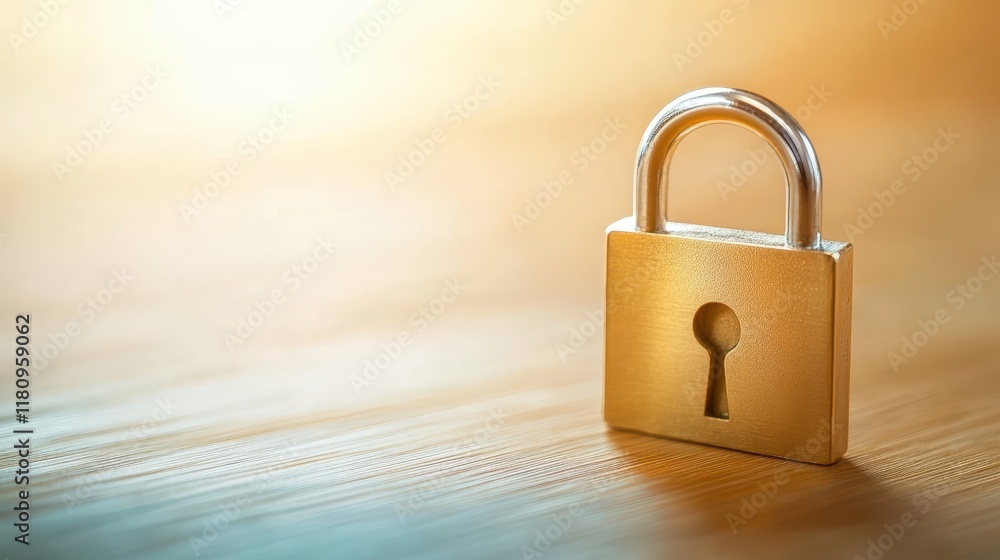 Fototapeta premium Enhanced security, a padlock on rustic wooden table symbolizing data protection, privacy and access control
