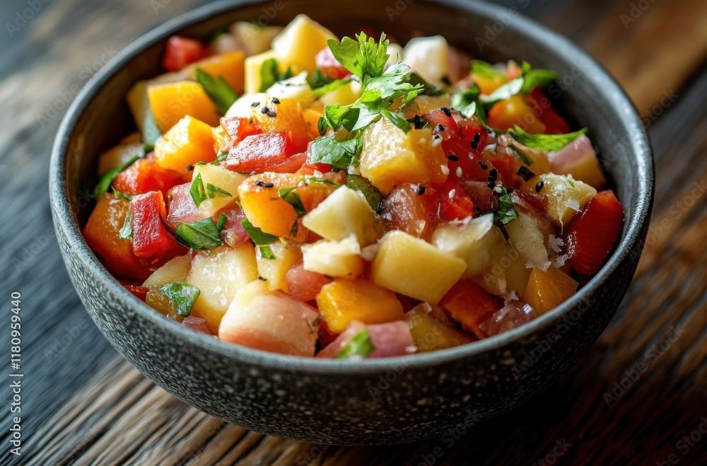 Colorful and Fresh Fruit Salad Featuring a Vibrant Mix of Melon, Apple, Peach, Red Pepper, and Cilantro Served in a Rustic Bowl on a Wooden Surface Colorful and Fresh Fruit Salad Featuring a Vibrant Mix of Melon, Apple, Peach, Red Pepper, and Cilantro Served in a Rustic Bowl on a Wooden Surface
