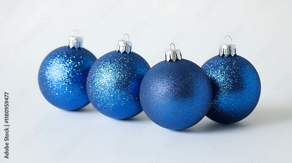 Four blue sparkly Christmas ornaments in a row on white background. Four blue sparkly Christmas ornaments in a row on white background.