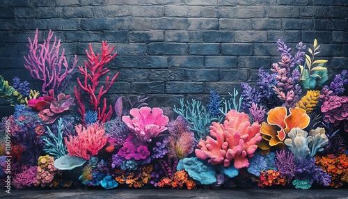 Detailed coral reef design on a moody dark brick wall, colorful corals in shades of pink, purple, and turquoise, deep ocean theme, ultrarealistic