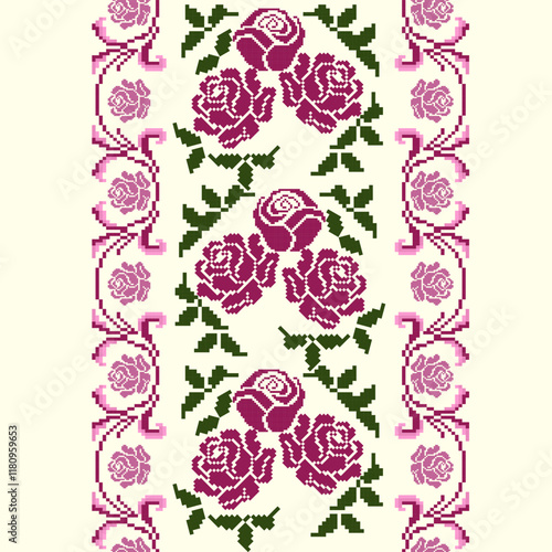 Classic Roses Pixel Design in Vibrant Pink and Green, Cross-Stitch Rose Pattern