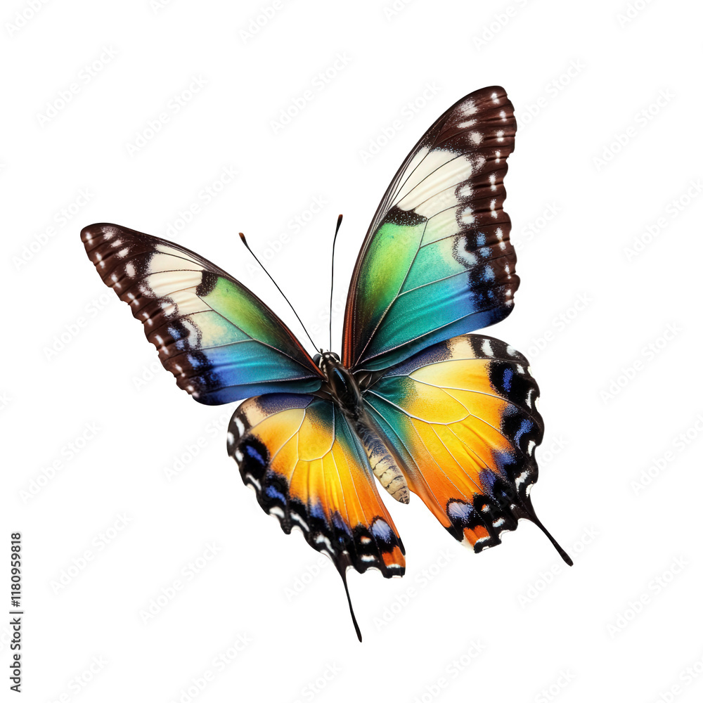 Fototapeta premium vibrant butterfly with intricate patterns and colors. showcasing shades of blue. green. orange. and black the butterfly is positioned symmetrically against a white background. highlighting its delicat