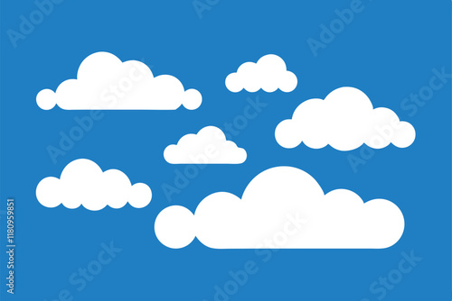 Cartoon white clouds icon set isolated on blue background. Cloudscape in flat style. Blue sky cloud weather symbol. Vector illustration cloudy panorama 
