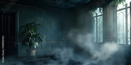 Forgotten Elegance: A haunting and atmospheric image of a derelict interior, shrouded in mist and overgrown with creeping vines, the once opulent space whispers of a forgotten past.   photo