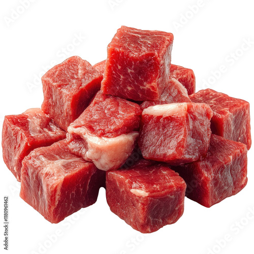 pile of cubed raw beef. showcasing the vibrant red color and marbling of the meat these cubes are typically used for stews. kabobs. or other dishes requiring diced meat. highlighting their culinary pu photo