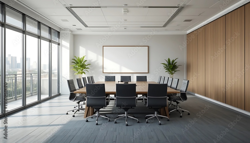 Modern Conference Room With City View And Blank Poster Modern Conference Room With City View And Blank Poster