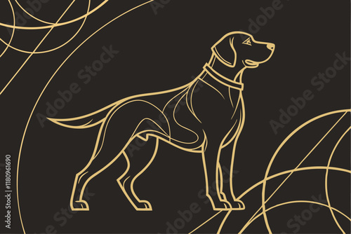 Golden line art, minimalist dog silhouette, elegant canine outline, black background, sleek design, continuous line drawing, modern pet logo, golden retriever style, metallic sheen, artistic simplicit photo