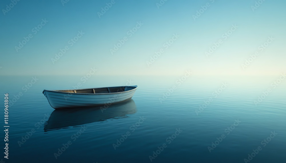 Naklejka premium Solitary rowboat on a still blue sea, clear sky above, soft ripples in the water, serene and peaceful scene, highresolution, cinematic view