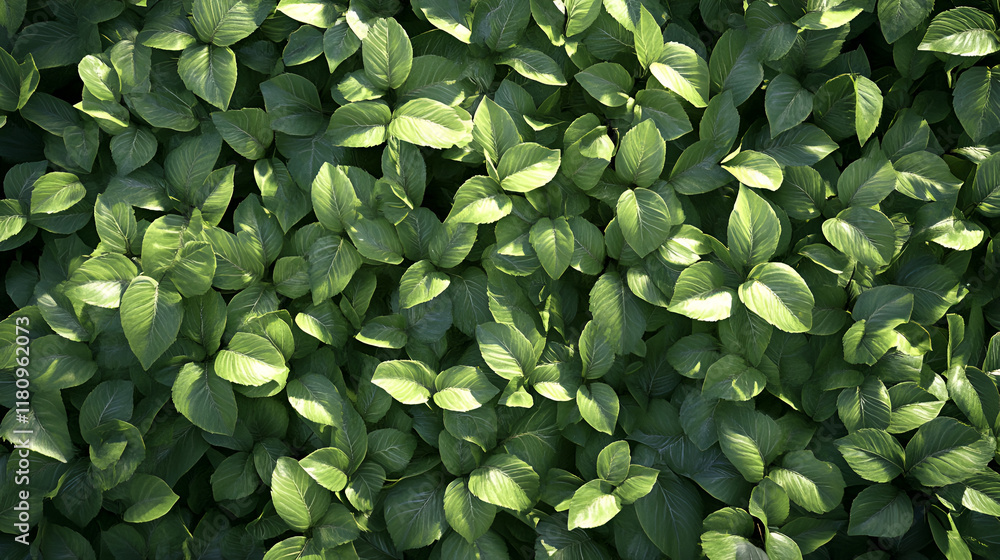 Obraz premium Lush Greenery: A vibrant and detailed close-up texture of lush green leaves, bathed in soft sunlight, perfect for nature-inspired designs and backgrounds. 