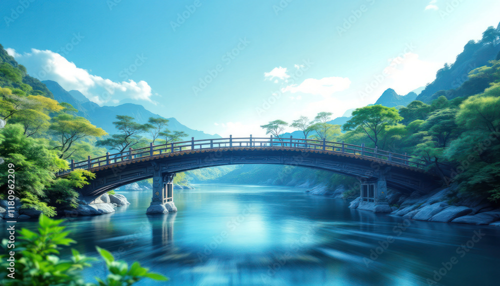 Serene Bridge Over Tranquil Waters in Mountainous Landscape Serene Bridge Over Tranquil Waters in Mountainous Landscape