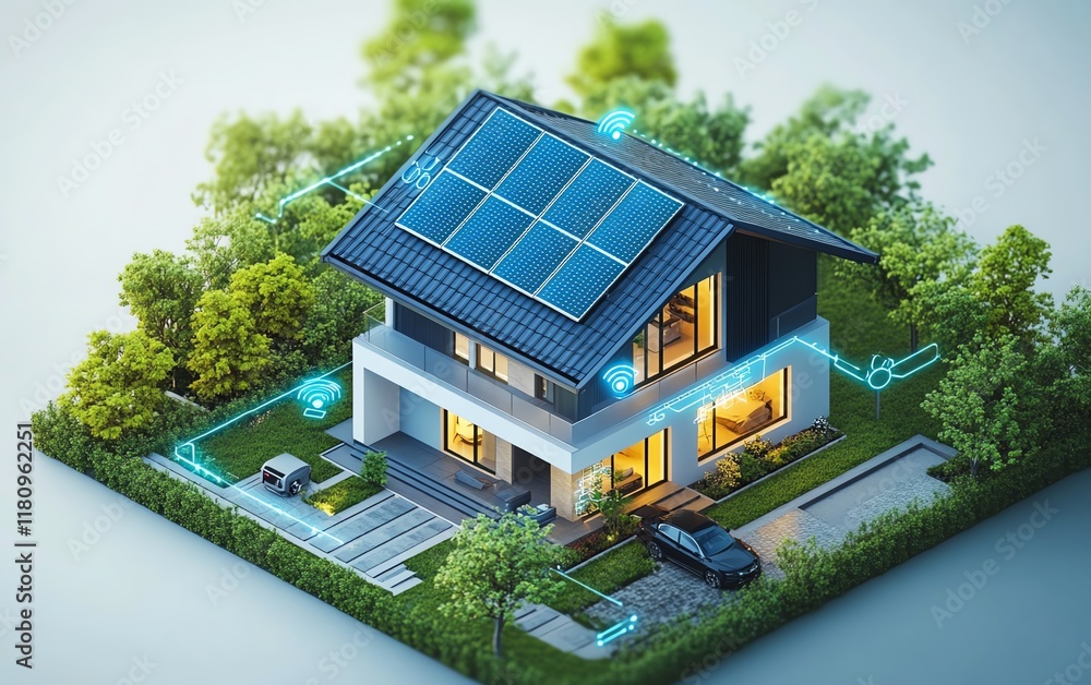 Sustainable smart home with solar power, IoT integration, and zeroemissions energy system, ecofriendly architecture Sustainable smart home with solar power, IoT integration, and zeroemissions energy system, ecofriendly architecture