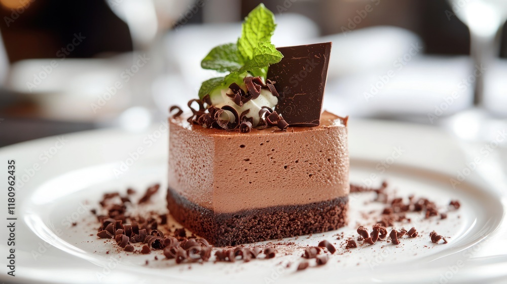 Chocolate mousse dessert, restaurant, garnish, background blur, menu Chocolate mousse dessert, restaurant, garnish, background blur, menu