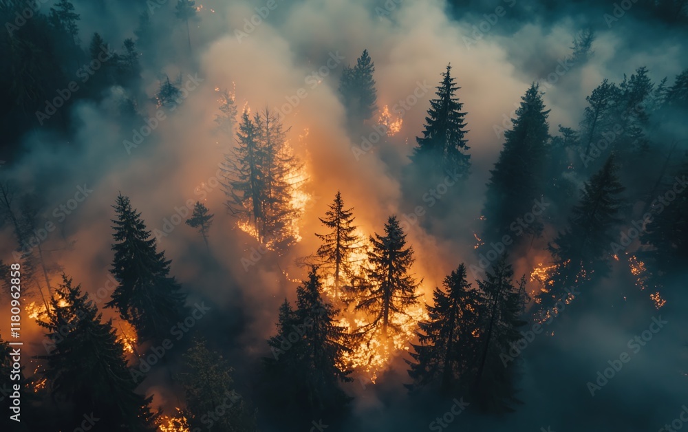 Wildfire raging through dense forest, trees and vegetation burning, climate change impact on natural habitats, environmental crisis Wildfire raging through dense forest, trees and vegetation burning, climate change impact on natural habitats, environmental crisis
