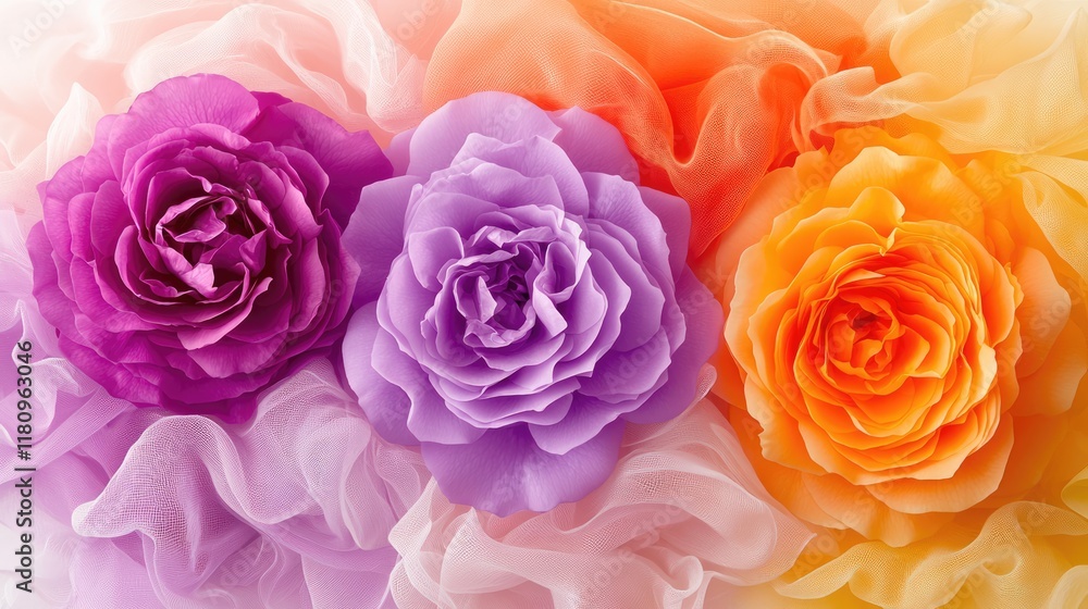 Delicate Blossoms Among Soft Drapery in Shades of Purple and Orange with a Touch of Elegance and Charm Delicate Blossoms Among Soft Drapery in Shades of Purple and Orange with a Touch of Elegance and Charm