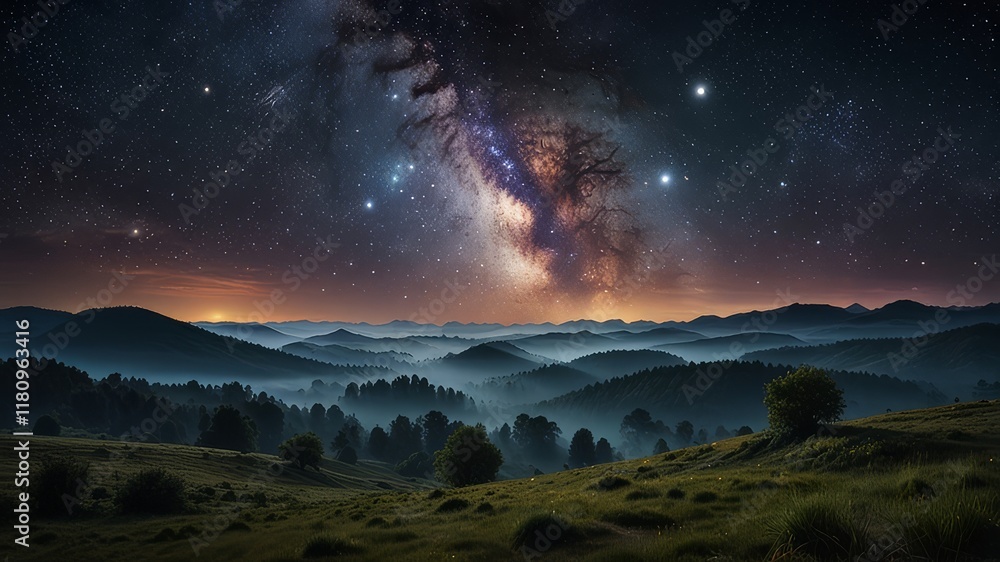 Fototapeta premium Mysteriöse Weltraumlandschaft mit leuchtenden Nebeln, fernen Planeten und kosmischen Strukturen - eine faszinierende Reise durch unbekannte Galaxien