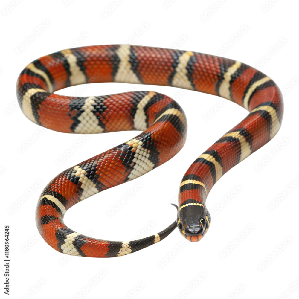Naklejka premium A brightly colored milk snake in its natural habitat a close-up view of bold tri-color patterns, isolated on white or transparent background