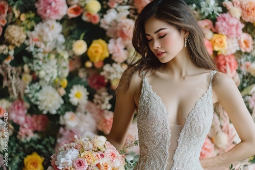 Slim young woman in a fitted mermaid gown with intricate beading, standing beside a floral wall, looking thoughtfully at her bouquet, half-body shot capturing intimate pre-ceremony moments photo