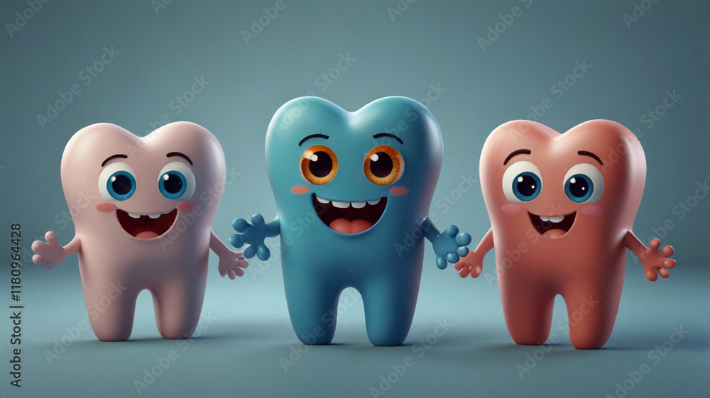 Fototapeta premium Three cute cartoon teeth holding hands.