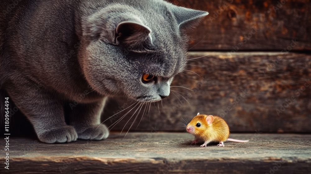Obraz premium Gray British Shorthair Cat and a Tiny Mouse