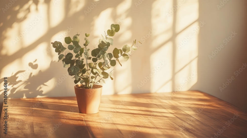 Sunlight illuminates eucalyptus plant on wooden table, shadows on wall, home decor Sunlight illuminates eucalyptus plant on wooden table, shadows on wall, home decor