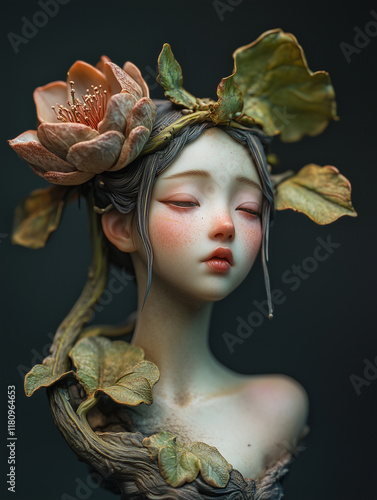 A variety of leaves and flowers surround a young girl