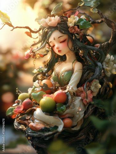 A variety of fruits and flowers surround a young girl