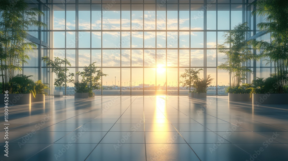 Airport lounge sunset view, plants, modern architecture, travel Airport lounge sunset view, plants, modern architecture, travel