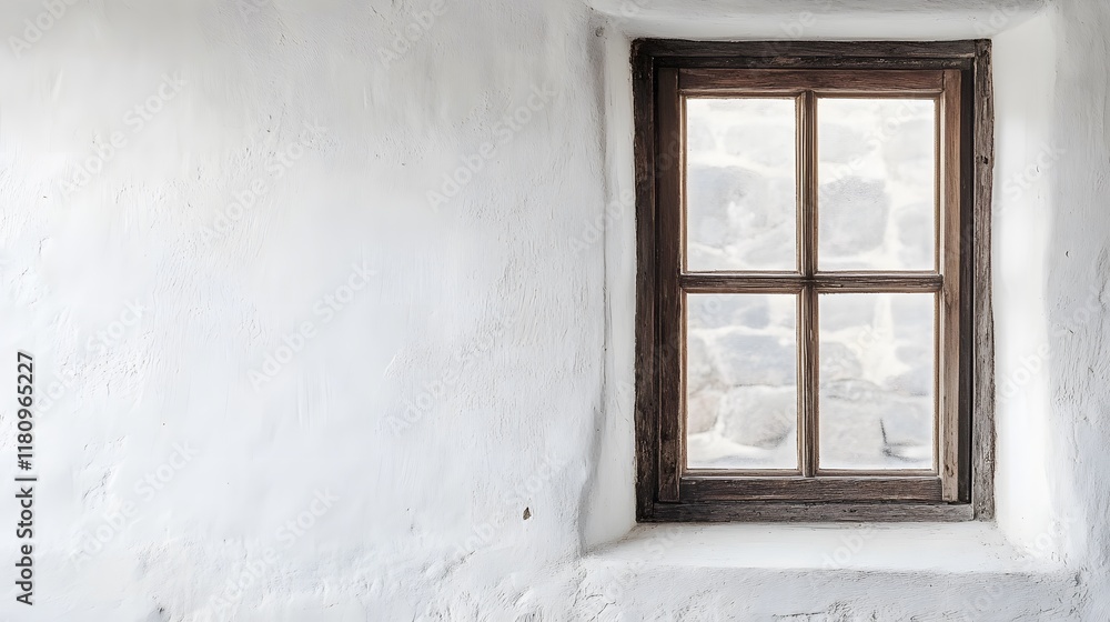 Obraz premium A vintage-style window with a wooden frame, sitting against a simple white wall.